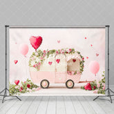Aperturee - Aperturee Romantic Pink Balloons Bus Valentines Day Backdrop